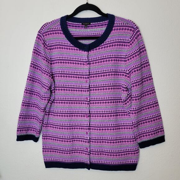 TALBOTS Purple Pink Fair Isle Wool Blend Button Down Cardigan Sweater Sz Large - Picture 1 of 9